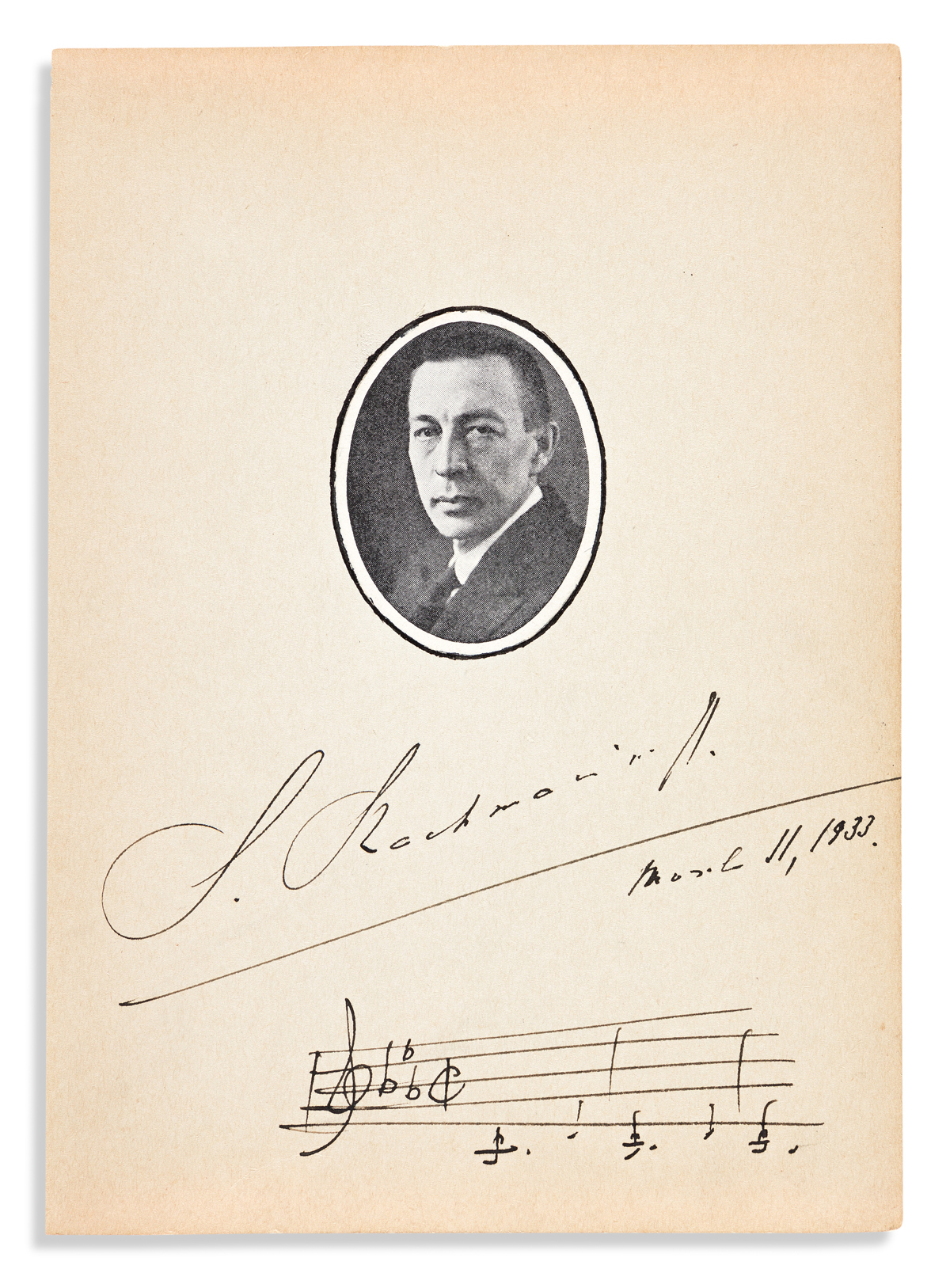RACHMANINOFF, SERGEI. Autograph Musical Quotation dated and Signed, S. Rachmaninoff, three bars from his 2nd concerto for piano,
